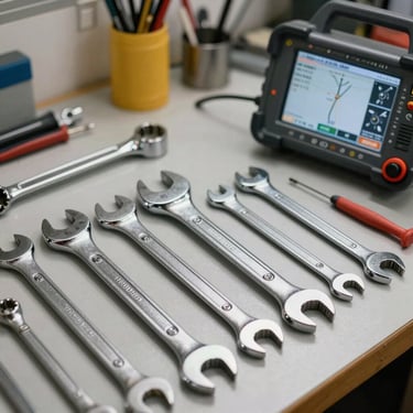 A set of professional mechanical tools neatly arranged on a clean workbench in a South American / Brazilian workshop. High-quality chrome wrenches and diagnostic equipment.