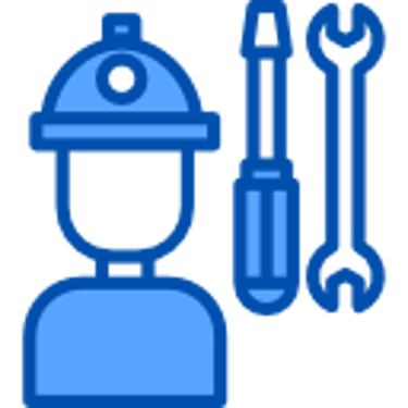 Blue vector icon of a construction worker wearing a hard hat next to a screwdriver and wrench.
