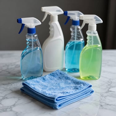 A neat arrangement of eco-friendly cleaning supplies, including blue microfiber cloths and spray bottles on a light gray marble surface.