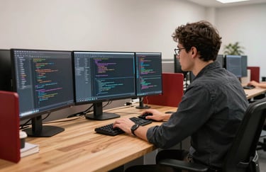 A developer in a clean, minimalist US tech office working on multiple large monitors showing clean application code, with warm wooden desk and red accents.