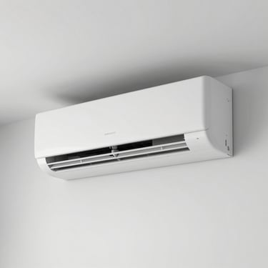 A modern split-unit air conditioner mounted on a minimalist white wall in a luxury Dubai apartment, crisp and clean photography, Middle Eastern / Gulf.