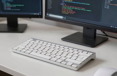 A detailed shot of a clean, sophisticated coding environment in a North American / US tech hub, emphasizing a professional Pearl White keyboard and Charcoal Black monitor.