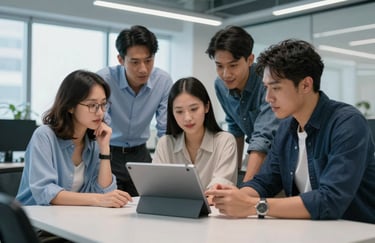 A group of diverse professionals in a North American / US tech startup collaborating over a tablet in a bright, Steel Blue toned modern office.