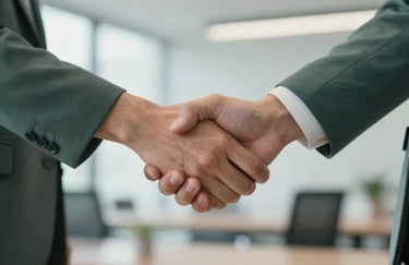 A close-up of two people shaking hands in a bright, modern office setting. Only the hands and sleeves of their professional Deep Charcoal Green and Soft Mist attire are visible.