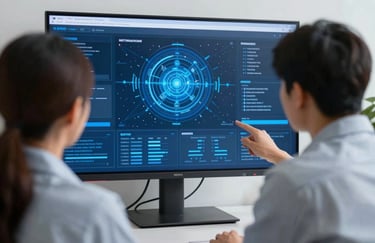 An over-the-shoulder shot of two professionals in a North American office collaborating over a large screen showing network analytics. The lighting is crisp Alice blue.