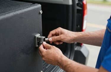 An action shot of a professional courier securely locking the back of a delivery vehicle, focus on the industrial lock and the uniform sleeve.