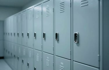 An organized row of high-security lockers in a temperature-controlled logistics facility, soft slate blue lighting, professional and industrial aesthetic.