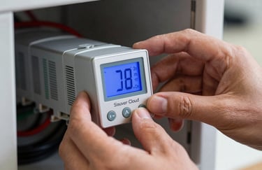 Close-up of a skilled technician's hands in a North American / US setting, carefully adjusting a high-tech Silver Cloud thermostat interface with a digital display glowing with Royal Blue light.