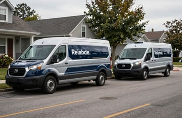 Three branded service vans in Midnight Navy with Silver Cloud accents parked on a quiet street in a North American / US suburb, symbolizing reliable mobile service.