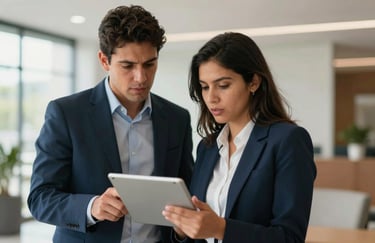 A photograph representing teamwork: two South American / Brazilian colleagues in business attire discussing strategy over a tablet in a bright, modern lobby, shallow depth of field, natural lighting.