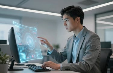 A professional in a modern office space interacting with a glowing digital interface, soft mist tones and crisp lighting, future-focused vibe.