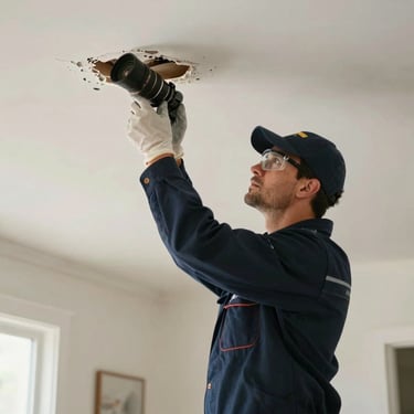 A restoration specialist in a dark blue branded uniform and safety gear inspecting a water-damaged ceiling in a North American house.