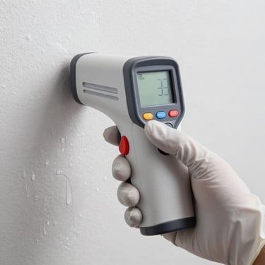 Close-up of a high-tech infrared moisture detection device held by a hand in white gloves, showing a digital reading against a damp wall. Professional setting.