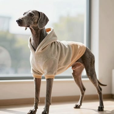 Labrador gris con sudadera color beige