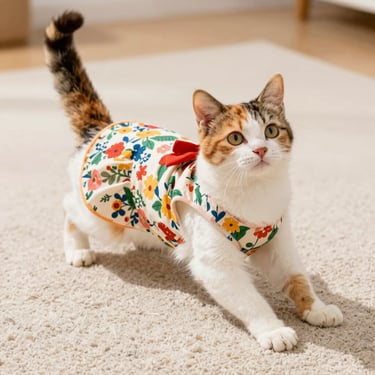 Gatita cafe con blanco con vestido de flores