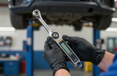 A close-up shot of a certified mechanic’s hands wearing clean black nitrile gloves, holding a digital torque wrench. The background is a soft-focus North American auto repair shop with deep ocean blue accents.