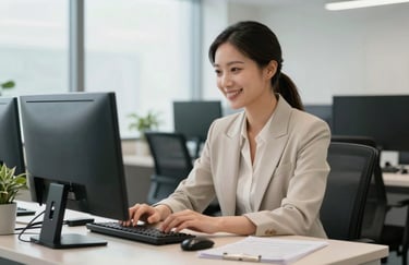 A professional smiling while working at a clean desk in a modern North American / US workspace, bright and airy Pearl Mist environment.