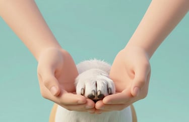 A 3D render of two hands cupping a small dog paw, symbolizing protection and the human-animal bond. The lighting is soft and empathetic, utilizing #9BB4A6 and #F8F9F3.