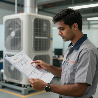 A South Asian professional HVAC engineer in a clean uniform pointing at a blueprint of a large HVAC system in a modern office, professional atmosphere.