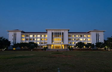A sprawling college campus building in Tamil Nadu with modern architecture, shot at dusk with warm lights and a deep blue sky (#0A1429), signifying widespread educational impact.