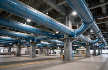 A wide cinematic shot of a major metro station under construction, featuring extensive blue-toned industrial ductwork.