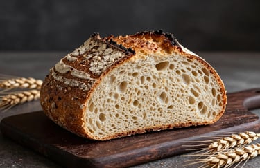 A rustic loaf of sourdough bread with a crispy golden crust, sliced to show the perfect crumb, resting on a dark chocolate brown board with wheat stalks nearby, French countryside style.