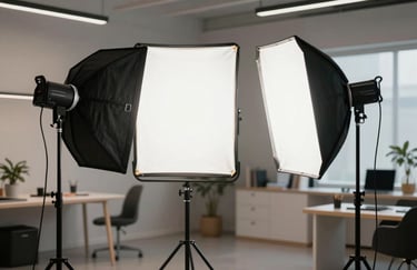 A set of professional studio lights and a softbox in a contemporary US creative workspace, clean lines, professional atmosphere.