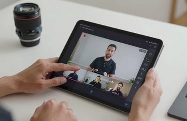 A person's hands using a sleek, modern touch-screen tablet to edit a video course, highlighting a clean and technological workspace in a US setting.