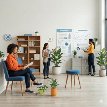 Professional office setting with diverse colleagues reviewing data charts and dental infographics during a business meeting.