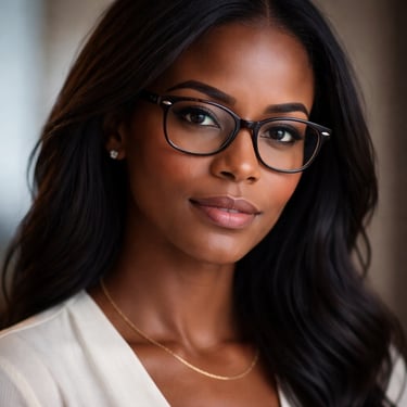 Author Amani Darena wearing stylish dark-framed eyeglasses and a white blouse.