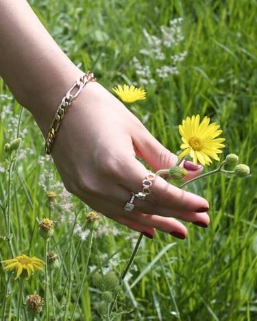 Mano de mujer con varios anillos y pulseras en la naturaleza