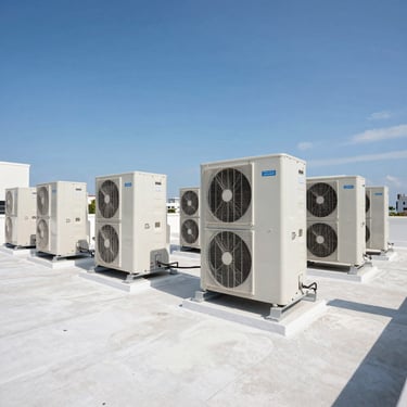 Wide angle shot of rows of large commercial HVAC units on a white rooftop under a clear blue sky in Miami, clean lines, professional engineering style.