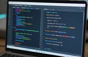 Close-up of modern code on a high-resolution screen in a sleek North American / US tech workspace, lit with Steel Blue and Muted Teal tones.