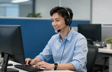 A support professional in a North American / US office environment, wearing a headset and smiling, with Pale Blue and Steel Blue office decor.