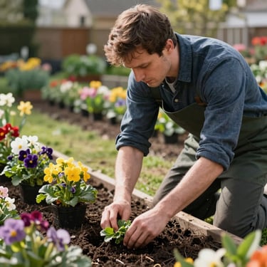 A gardener planting fresh spring flowers in a neat bed with soft sunlight, Europeu / Britânico