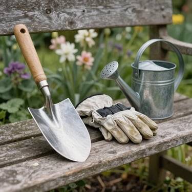 A close-up shot of traditional gardening tools, including a polished silver trowel, a pair of leather gardening gloves, and a small watering can, neatly arranged on a weathered wooden garden bench. The setting is a classic British garden, with lush green foliage and blooming flowers in soft focus in the background. Natural, soft daylight casts gentle shadows, creating a serene and inviting atmosphere. The composition is balanced and clean, embodying a Europeu / Britânico aesthetic.