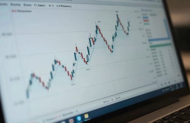 A sharp, close-up photograph of detailed financial charts on a screen in a professional UK office environment, with soft pale blue reflections.