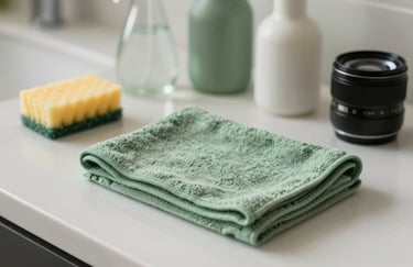 A clean, organized array of eco-friendly cleaning tools and a soft sage green microfiber cloth on a polished mist white surface.