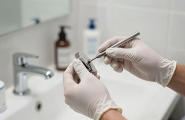 A close-up of a worker's hands in white gloves carefully polishing a silver fixture in a modern, bright bathroom.