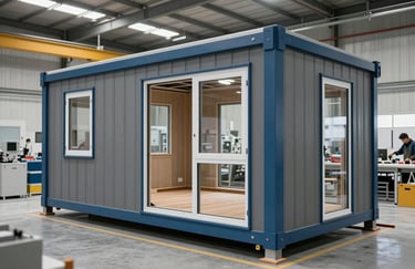 A wide-angle shot of a modular home section being precision-assembled in a bright, clean factory environment, slate blue machinery, Northern European craftsmanship.