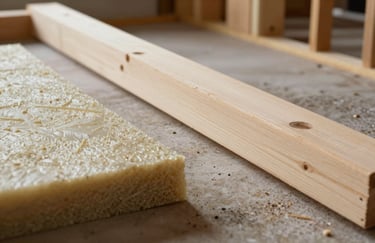 Detailed close-up of high-quality insulation materials and sustainable timber beams, clean and modern construction site, Northern European / Irish context.