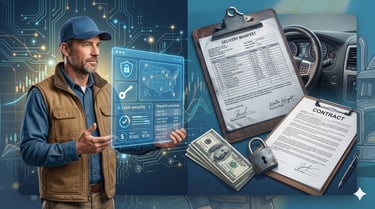 A truck driver uses a digital logistics dashboard next to a delivery manifest, contract, and cash.