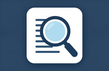 Icon-style image of a magnifying glass over a clean document. Modern studio lighting. Colors: #A0C2D9, #1E3A4D.