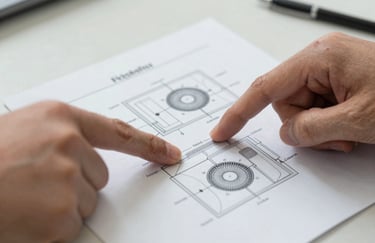 Close-up of a professional's hands pointing at a technical HVAC diagram on a light-colored surface, clear and professional technical atmosphere.