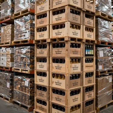 A professional photography shot of neatly stacked wholesale food and beverage crates in a distribution center, International Business.