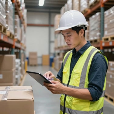 A logistics manager in high-visibility attire using a digital device to check inventory in a warehouse setting, International Business.