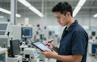 A professional technician in a clean uniform using a tablet to check a digital maintenance log inside a bright, modern North American manufacturing facility.