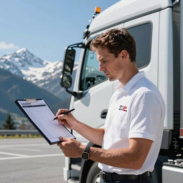 A professional driver in a clean uniform standing next to a modern truck, looking at a delivery schedule, bright daylight, alpine background, ice blue sky. Central European / Swiss German.