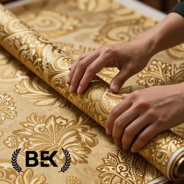 A professional designer's hands carefully feeling a roll of rich antique gold damask fabric.