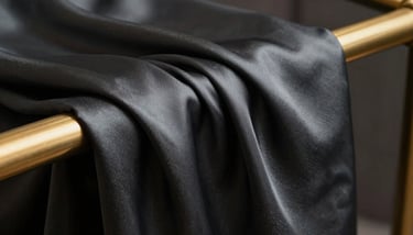 An artistic close-up of woven fabric fibers showing a complex pattern in deep black and rich gold.